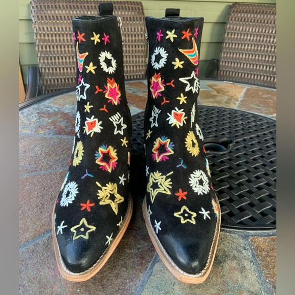 Free People * Bowers Celestial Embroidered Black Leather & Suede Ankle Boots - Picture 2 of 16